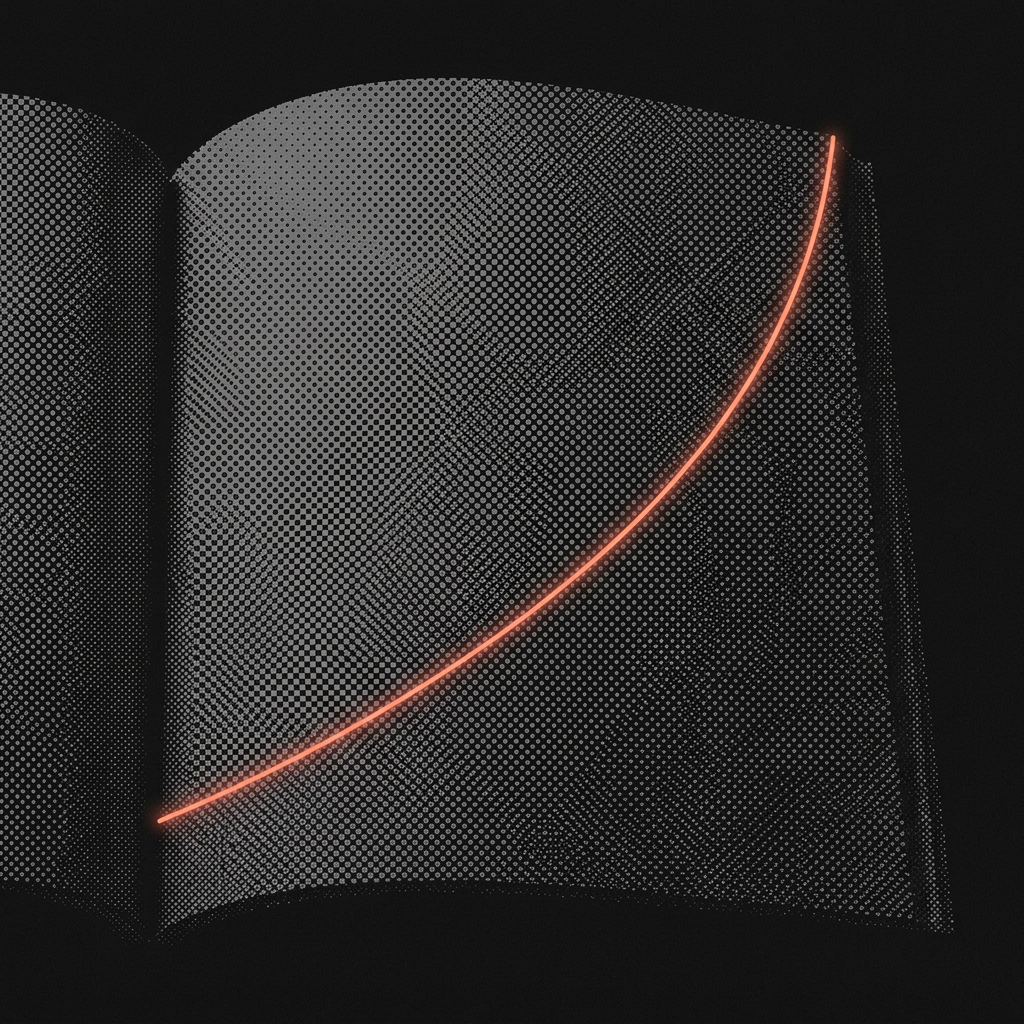A huge open guidebook drawn in grey halftone dots, crossed by a single glowing coral arc