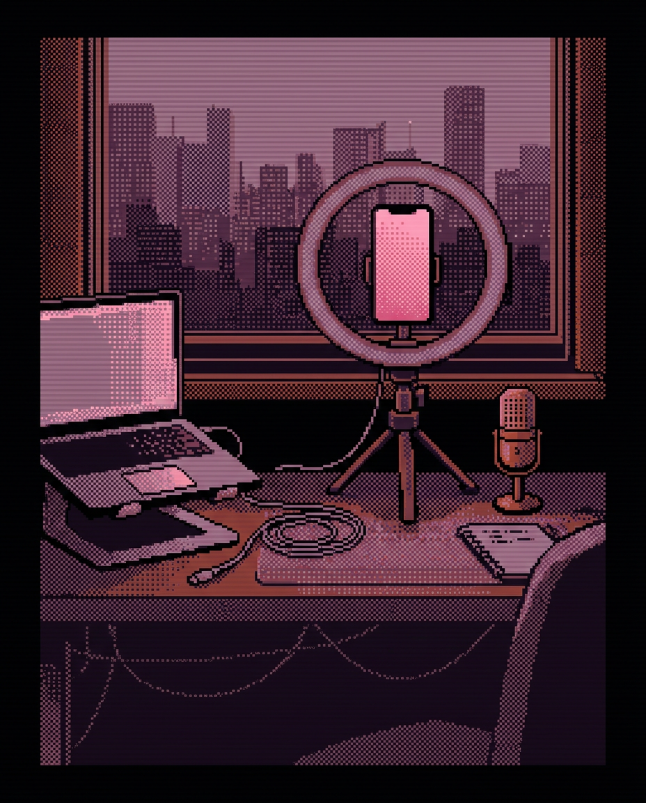 Pixel-art illustration of a creator's desk with a phone in a ring light, a laptop and a microphone
